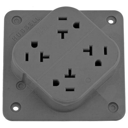 HUBBELL WIRING DEVICE-KELLEMS Straight Blade Devices, Receptacles, 4- Plex, Commercial/Industrial Grade, 2-Pole 3-Wire Grounding, 20A 125V, 5- 20R, Gray, Single Pack. HBL420GY